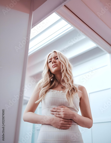 Obraz na płótnie Young woman suffering from severe abdominal pain at home w salonie