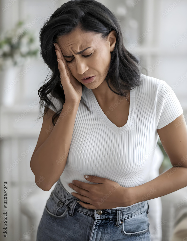 Young woman suffering from severe abdominal pain at home