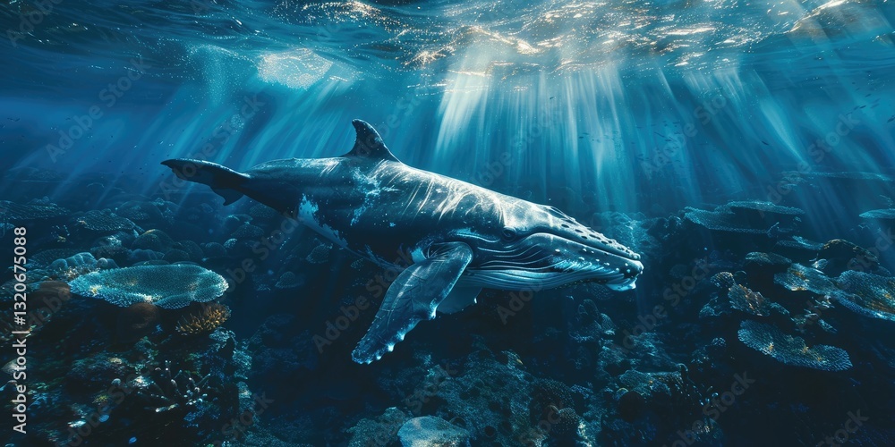 Fototapeta premium Majestic whale swimming gracefully under sunlit ocean waters, surrounded by vibrant marine life and stunning underwater scenery.