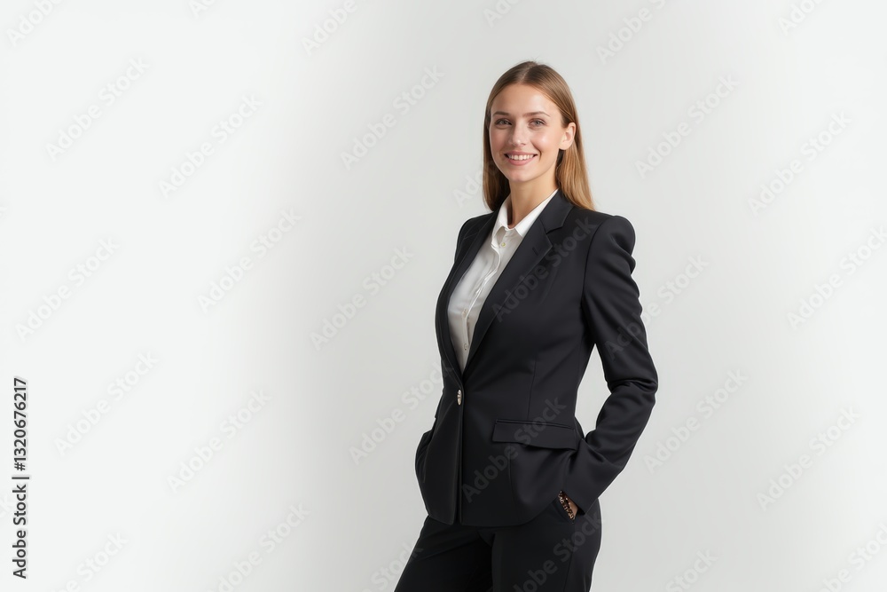 Half-Length (Waist-Up) portrait of young stylish smiling Hungarian female model in business wear isolated on pure white background looking at camera Half-Length (Waist-Up) portrait of young stylish smiling Hungarian female model in business wear isolated on pure white background looking at camera