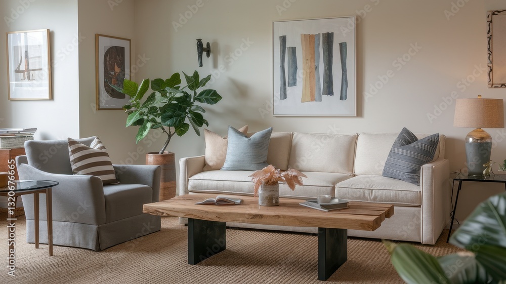 Naklejka premium Modern Living Room Interior Design with Neutral Tones and Minimalist Decor