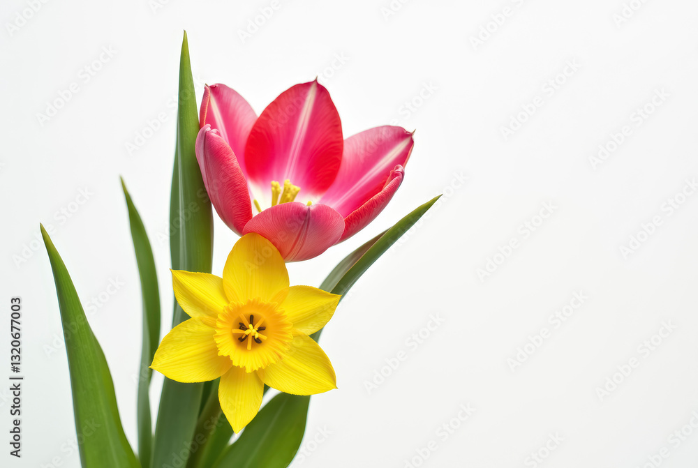 A tulip and a daffodil in a floral arrangement A tulip and a daffodil in a floral arrangement