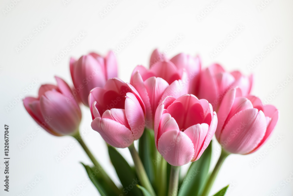 A bouquet of pink tulips with pink petals and dark green stems and leaves. A bouquet of pink tulips with pink petals and dark green stems and leaves.