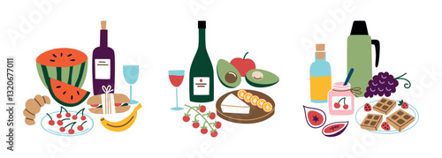 Vector illustration of picnic food with fruits, bread, wine, tea, and snacks. Fresh and delicious meals for outdoor gatherings and summer parties. Picnic compositions set in flat cartoon style