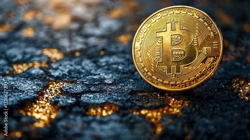 Hovering over a dark, textured surface, the golden bitcoin represents the volatile cryptocurrency and decentralized finance world.