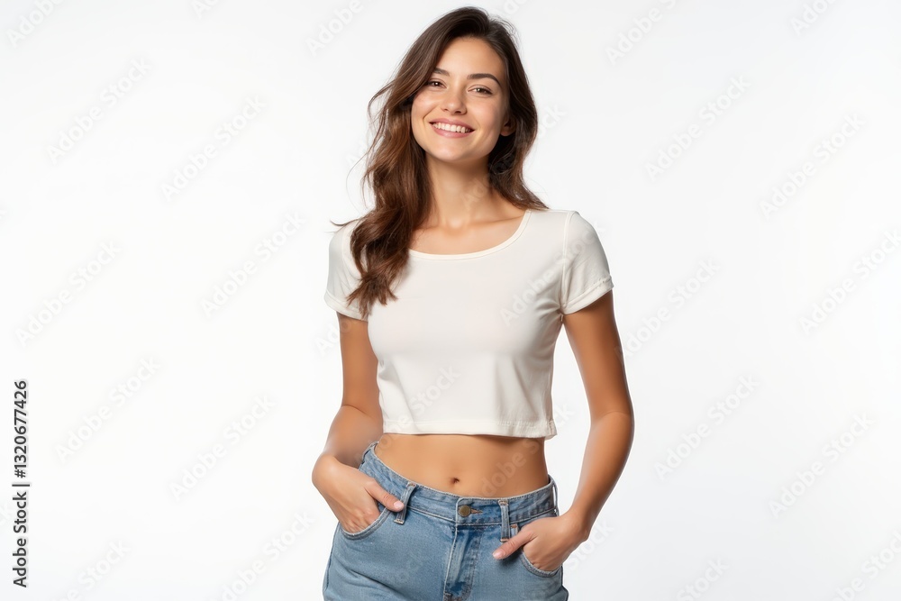 Half-Length (Waist-Up) portrait of young stylish smiling Hungarian female model in preppy wear isolated on pure white background looking at camera Half-Length (Waist-Up) portrait of young stylish smiling Hungarian female model in preppy wear isolated on pure white background looking at camera