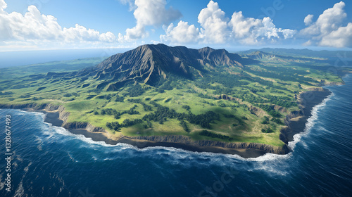Iwo Jima, a rugged volcanic island with black sand beaches and the steep rocky terrain of Mount Suribachi
