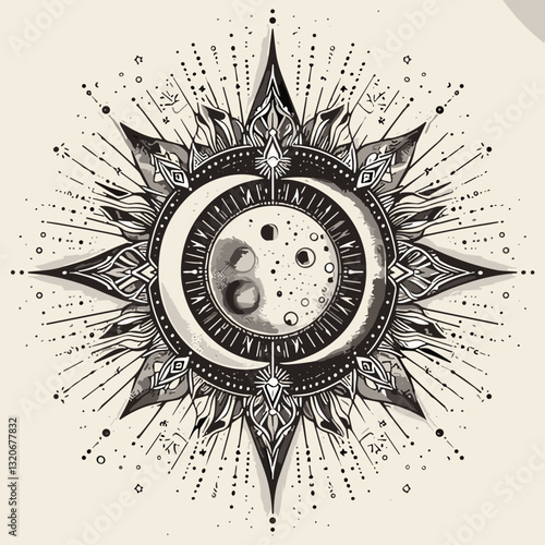A symmetrical chiseled tattoo design featuring a mystical sun that combines intricate lines and geometric patterns.
