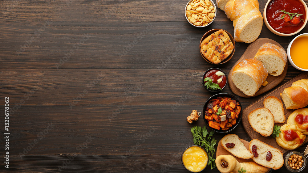 Food and Culinary Arts: A top-down view of a rustic wooden table filled with an assortment of gourmet dishes, vibrant colors, natural lighting Food and Culinary Arts: A top-down view of a rustic wooden table filled with an assortment of gourmet dishes, vibrant colors, natural lighting