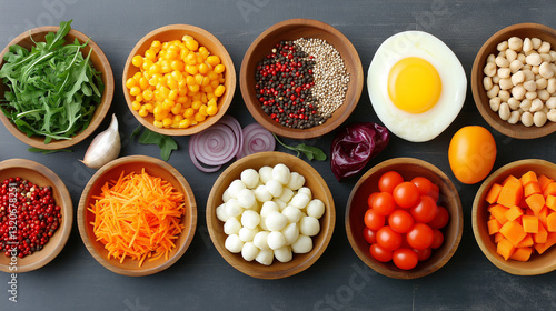Wallpaper Mural Food and Culinary Arts: A top-down view of a rustic wooden table filled with an assortment of gourmet dishes, vibrant colors, natural lighting Torontodigital.ca