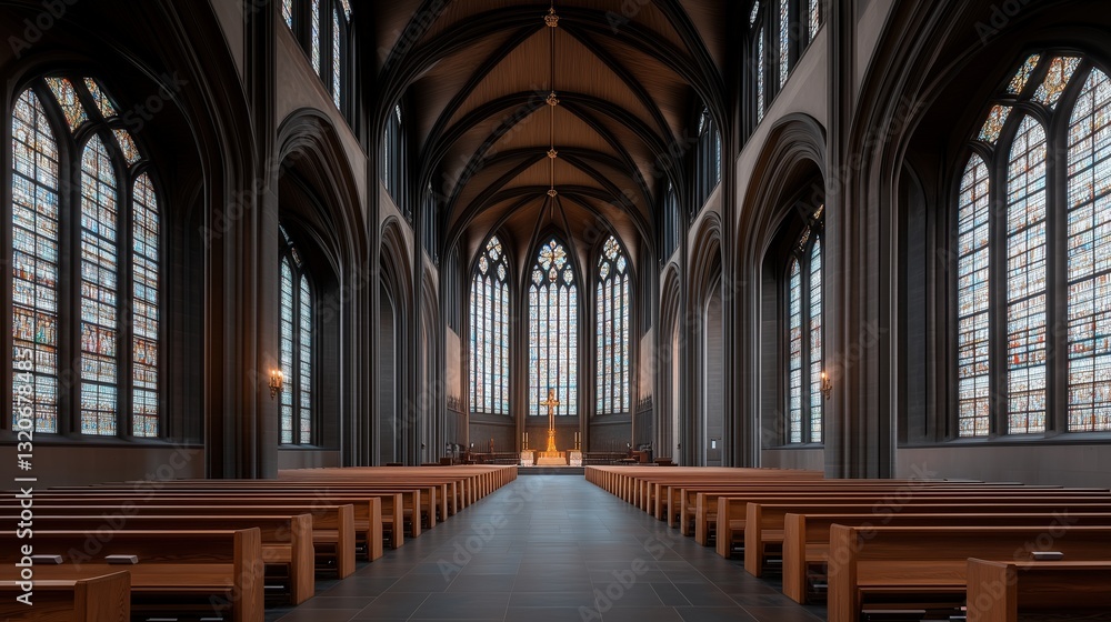Fototapeta premium Grand Gothic cathedral interior with towering stained glass windows and wooden pews, sacred and historic atmosphere