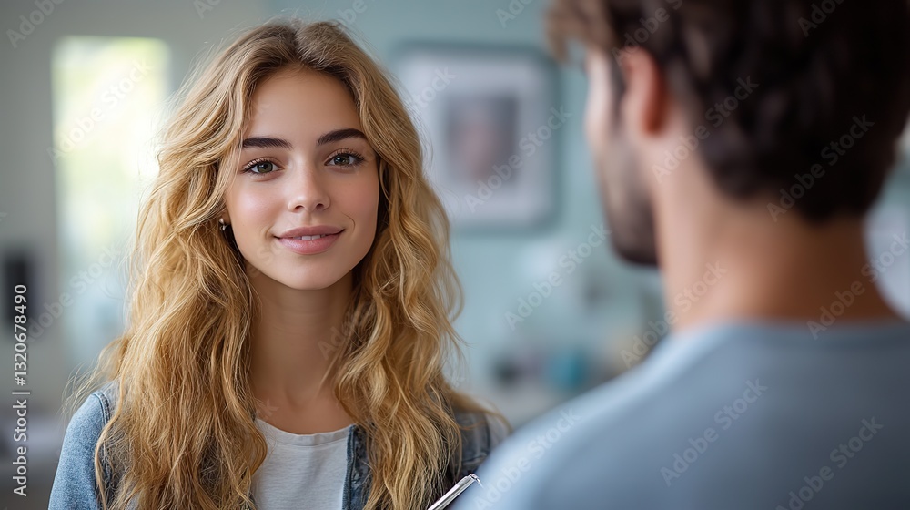 In a calming office, a female psychologist attentively listens to her male patient, taking notes on her clipboard. In a calming office, a female psychologist attentively listens to her male patient, taking notes on her clipboard.