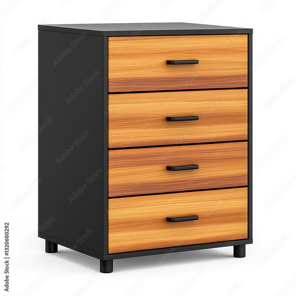 Modern Four Drawer Chest with Black Metal Frame and Wood Accents, Generative AI. Modern Four Drawer Chest with Black Metal Frame and Wood Accents, Generative AI.
