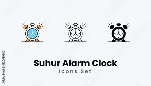 Suhur Alarm Clock Icons thin line and glyph vector icon stock illustration