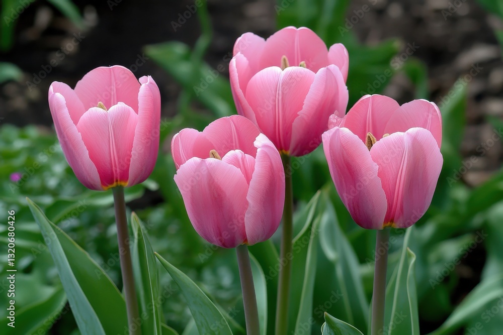 Charming pink tulips blooming softly in a blurred background for spring celebrations, greeting cards, floral invitations, and nature-inspired projects showcasing elegance and tranquility Charming pink tulips blooming softly in a blurred background for spring celebrations, greeting cards, floral invitations, and nature-inspired projects showcasing elegance and tranquility