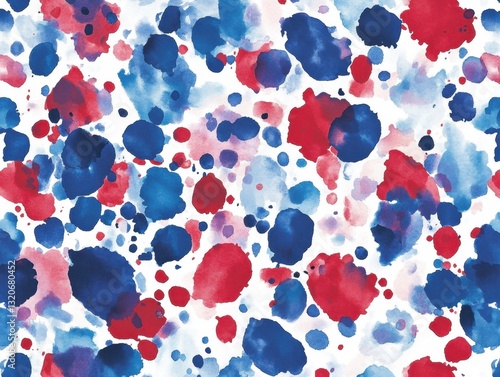 A painting of splatters of blue, red and white paint