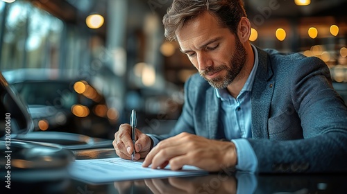In a dealership showroom, a car salesman signing a contract for a new car purchase completes transaction and finalizes agreement details. photo