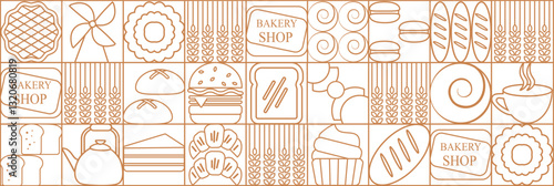 Abstract bakery menu background with line drawing. Geometric pattern bread, croissant, donut. Bakery line pattern.