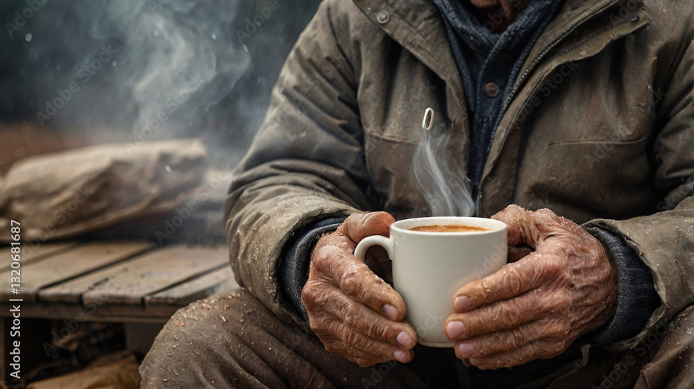 Shelter Moment. Close-up of exhausted hands holding a steaming cup of coffee near a cardboard shelter, demonstrating human resilience. A homeless person warming up with a hot drink. Shelter Moment. Close-up of exhausted hands holding a steaming cup of coffee near a cardboard shelter, demonstrating human resilience. A homeless person warming up with a hot drink.