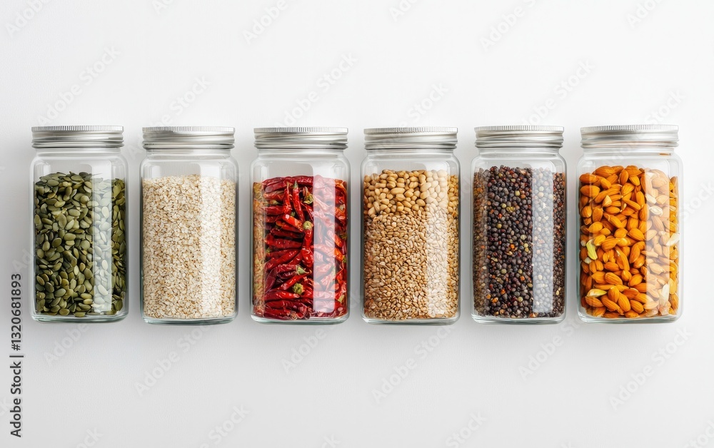Six glass jars filled with various seeds and spices are arranged in a row against a white background. The jars have silver lids and the contents include green seeds, white grains, red chili peppers Six glass jars filled with various seeds and spices are arranged in a row against a white background. The jars have silver lids and the contents include green seeds, white grains, red chili peppers