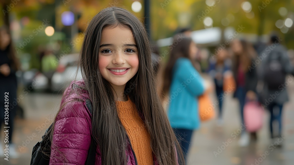 A girl with long hair is smiling and wearing a purple jacket A girl with long hair is smiling and wearing a purple jacket