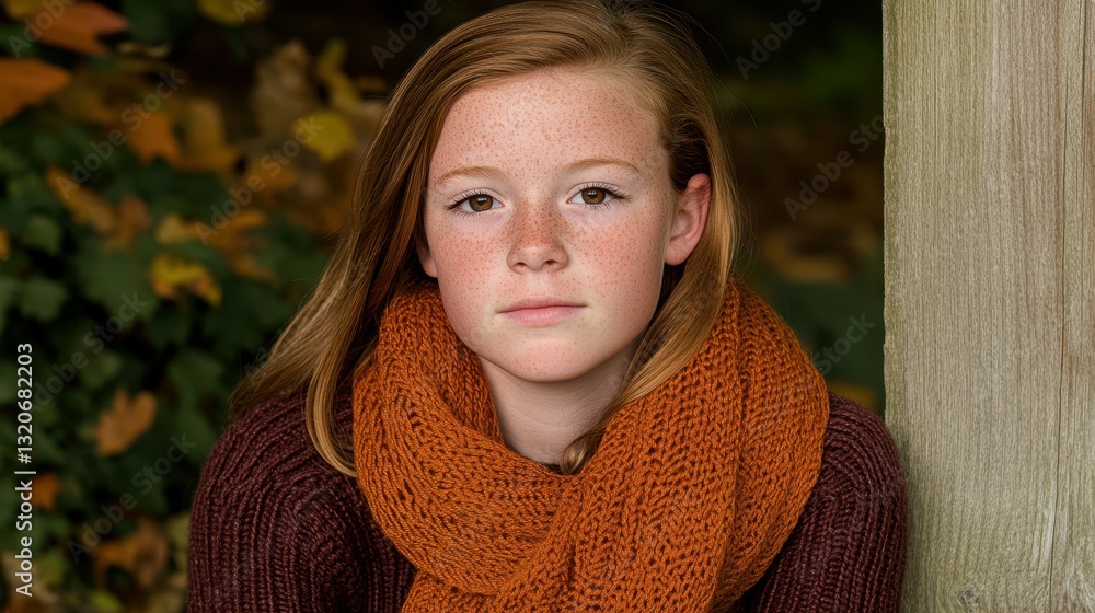 A girl with red hair and freckles is wearing an orange scarf A girl with red hair and freckles is wearing an orange scarf