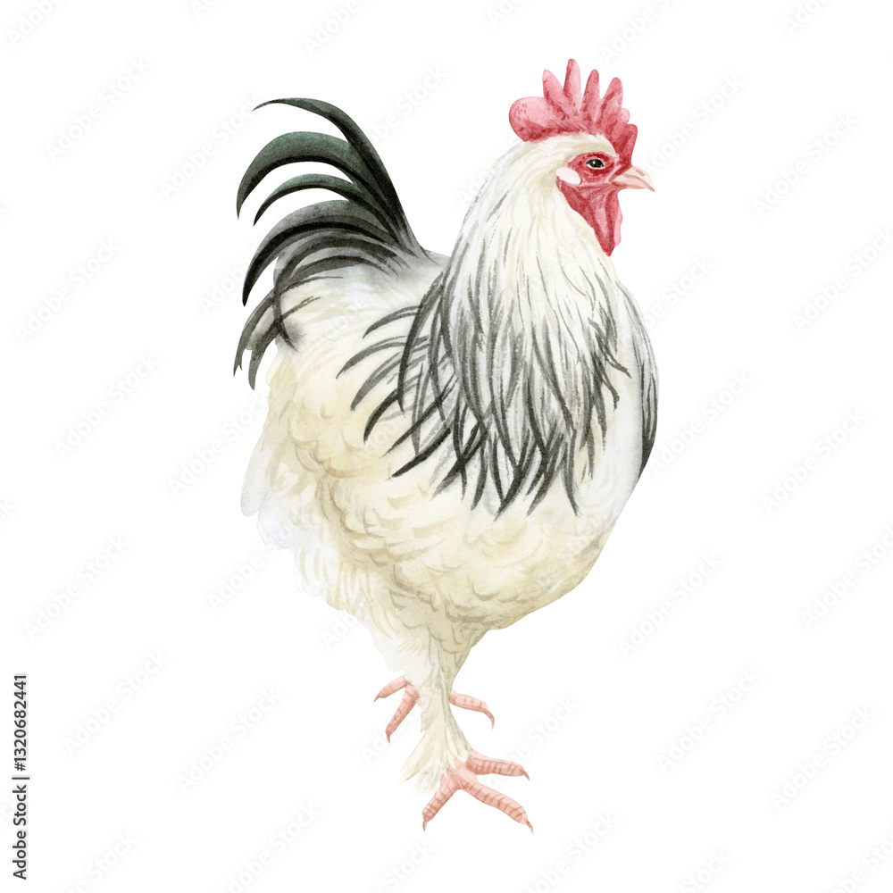 Fototapeta premium White rooster with black feathers watercolor isolated illustration. Hamburg or Sussex cock for poultry yard and farming designs. Chicken breed, domestic farm bird clipart