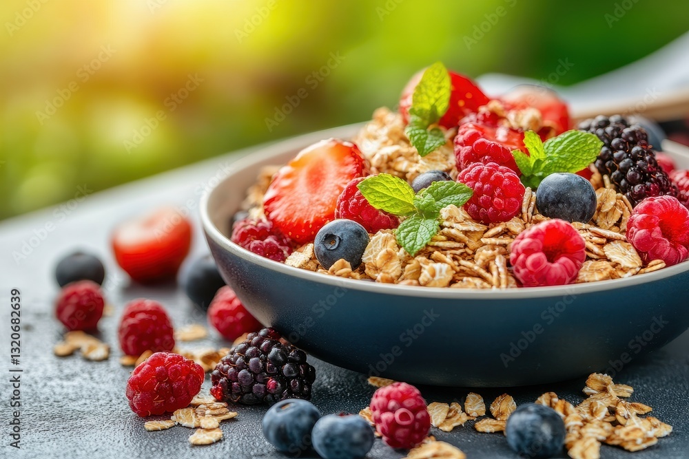Fresh Berry Breakfast Bowl with Oats and Mint Leaves in a Natural Setting Fresh Berry Breakfast Bowl with Oats and Mint Leaves in a Natural Setting