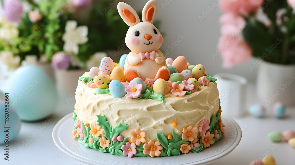A fluffy carrot cake with an adorable Easter bunny on top, decorated with pastel icing, colorful sugar flowers, and small chocolate eggs.A fluffy carrot cake with an adorable Easter bunny on top, deco A fluffy carrot cake with an adorable Easter bunny on top, decorated with pastel icing, colorful sugar flowers, and small chocolate eggs.A fluffy carrot cake with an adorable Easter bunny on top, deco