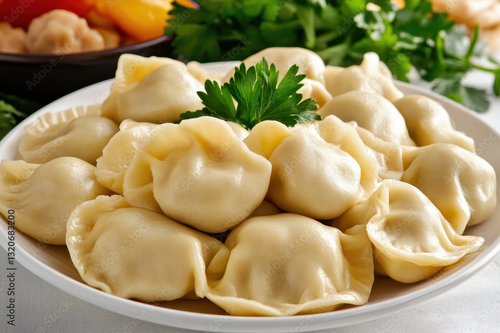 Fresh Homemade Dumplings Served on a Plate with Parsley and Colorful Vegetables in Background Fresh Homemade Dumplings Served on a Plate with Parsley and Colorful Vegetables in Background