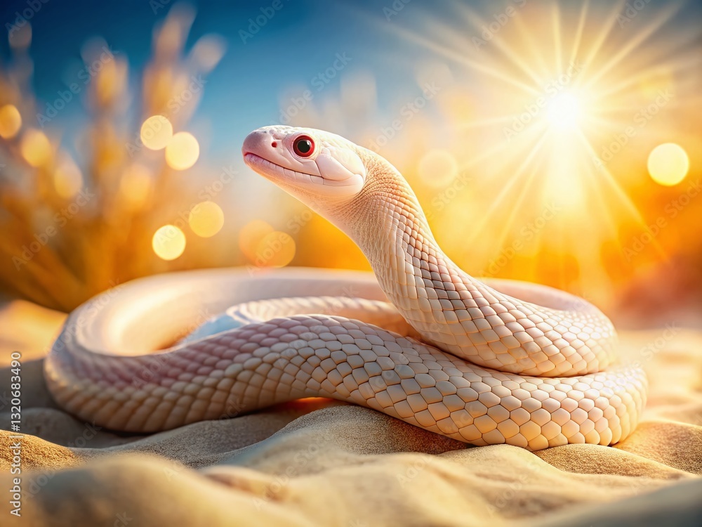 Fototapeta premium Albino Cobra Snake on Sand Dune, Bokeh Background - Wildlife Stock Photo