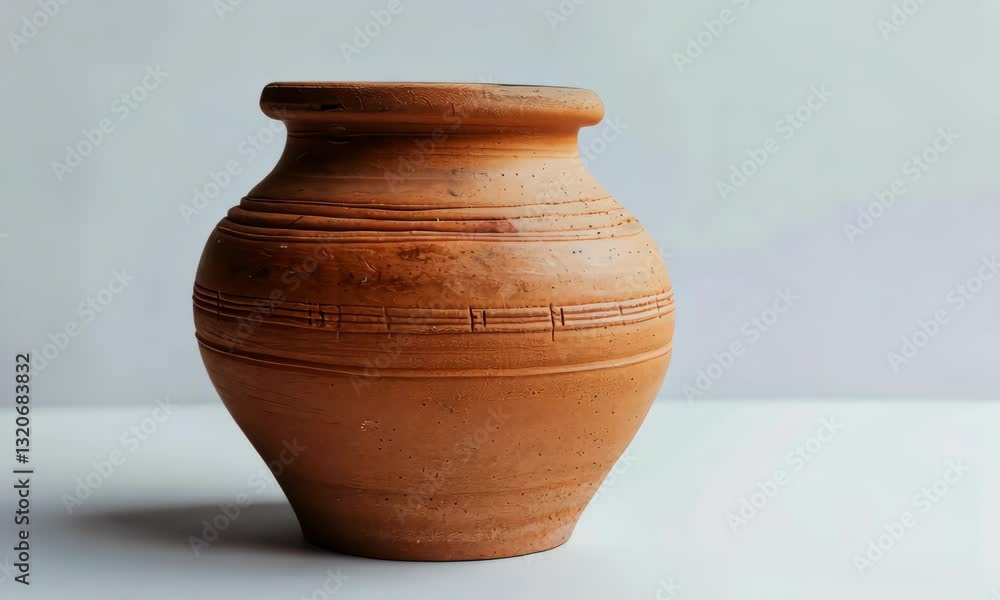 Traditional clay pot with textured horizontal lines, unglazed Traditional clay pot with textured horizontal lines, unglazed
