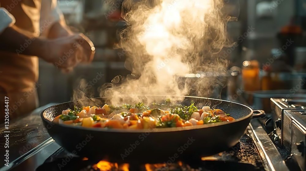 In a modern kitchen, sunlight warms while a chef spices steaming fresh vegetables, creating a warm atmosphere. In a modern kitchen, sunlight warms while a chef spices steaming fresh vegetables, creating a warm atmosphere.