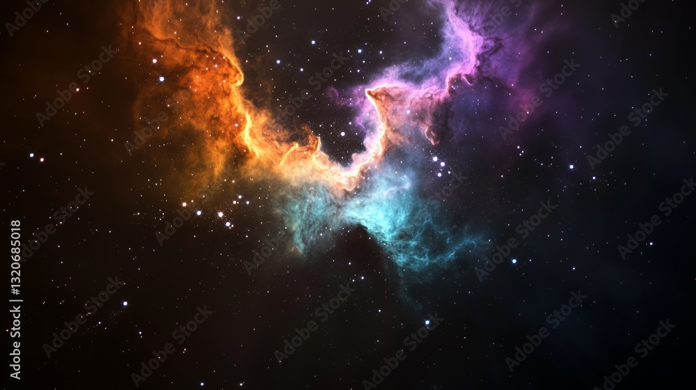 Fototapeta premium Nebula with vibrant cosmic clouds, colorful interstellar gas, and starry space background, featuring orange purple blue hues, detailed astronomical formation, and galactic dust patterns