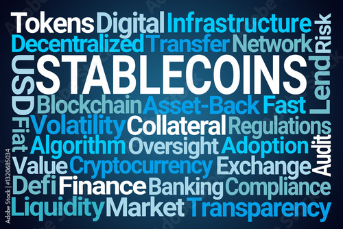 Stablecoins Word Cloud on Blue Background