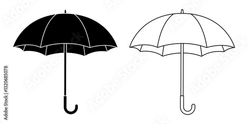 Vector illustration of Open Umbrella in black outline and fill on transparent background