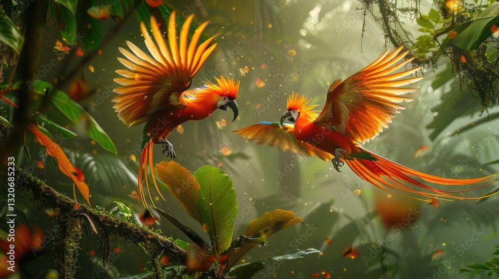 Two vibrant parrots engage in flight within a lush, sunlit jungle, surrounded by diverse flora creating a lively, tropical atmosphere. Two vibrant parrots engage in flight within a lush, sunlit jungle, surrounded by diverse flora creating a lively, tropical atmosphere.