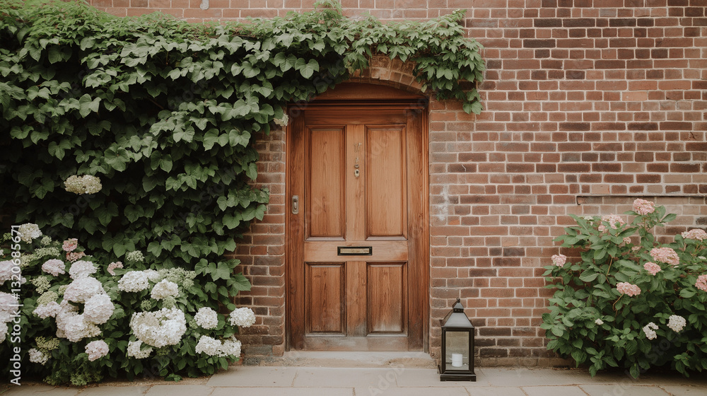 Wooden door with ivy-covered brick wall Wooden door with ivy-covered brick wall