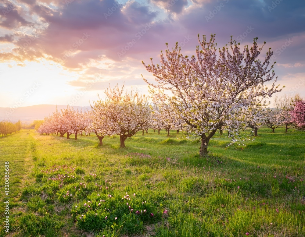 Orchard meadow with blooming trees at sunset in spring Orchard meadow with blooming trees at sunset in spring