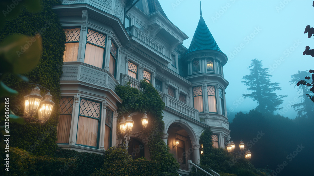 Naklejka premium Gothic-style mansion with turrets and warm evening lights
