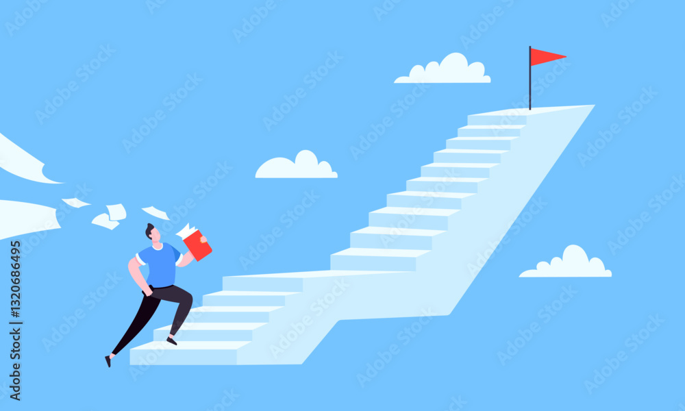 Obraz premium Success career ladder steps path challenge with business goal achievement flag objective on the top of it business concept flat vector illustration. Office person running onto success career steps.