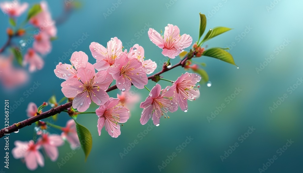 Obraz premium close up cherry, sakura blossoms on branch with dewdrops in high fidelity with copy space