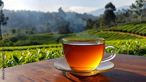 Wallpaper Mural Steaming cup of tea on a wooden table against a backdrop of tea plantations Torontodigital.ca