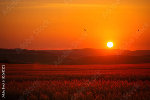 Sunset over a golden wheat field stock-image, with soft, warm light casting long shadows across rolling hills, and a few birds soaring through the sky, creating a peaceful and serene rural landscape.