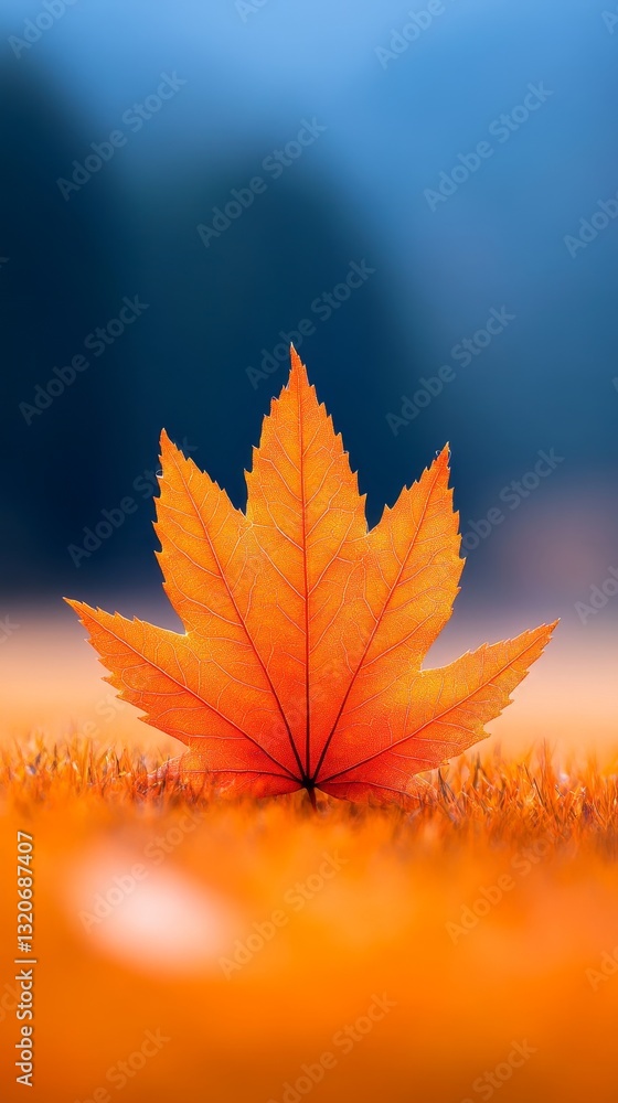 A single, vibrant orange maple leaf rests on a bed of autumnal foliage. A single, vibrant orange maple leaf rests on a bed of autumnal foliage.