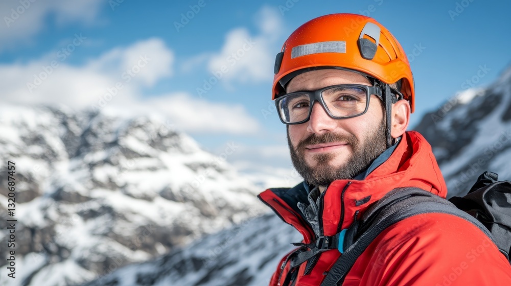 Portrait of a climber wearing an orange helmet and glasses, set against a breathtaking mountainous backdrop during a sunny day Portrait of a climber wearing an orange helmet and glasses, set against a breathtaking mountainous backdrop during a sunny day