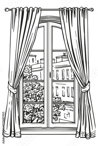 Coloring Page Line Art Vector Illustration of a Closed Window with City View
