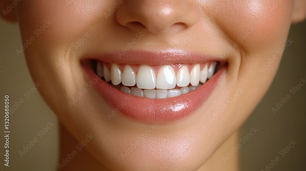 Fototapeta premium In gray studio, close-up beauty portrait of smiling woman with perfect skin and white teeth.