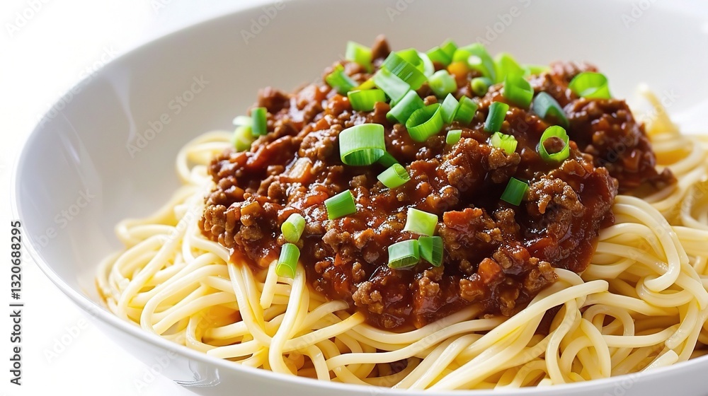 A plate of appetizing noodles with soy bean paste is presented. The noodles are long and chewy, topped generously with a rich and savory soy bean paste sauce. Mixed within the sauce are small pieces o A plate of appetizing noodles with soy bean paste is presented. The noodles are long and chewy, topped generously with a rich and savory soy bean paste sauce. Mixed within the sauce are small pieces o