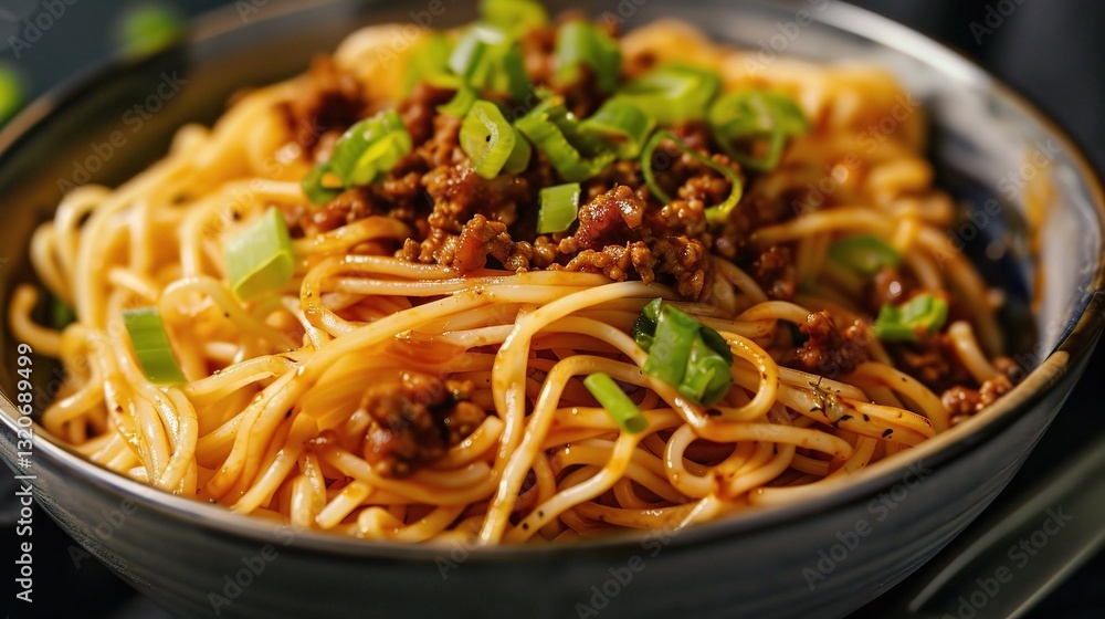 A plate of appetizing noodles with soy bean paste is presented. The noodles are long and chewy, topped generously with a rich and savory soy bean paste sauce. Mixed within the sauce are small pieces o A plate of appetizing noodles with soy bean paste is presented. The noodles are long and chewy, topped generously with a rich and savory soy bean paste sauce. Mixed within the sauce are small pieces o